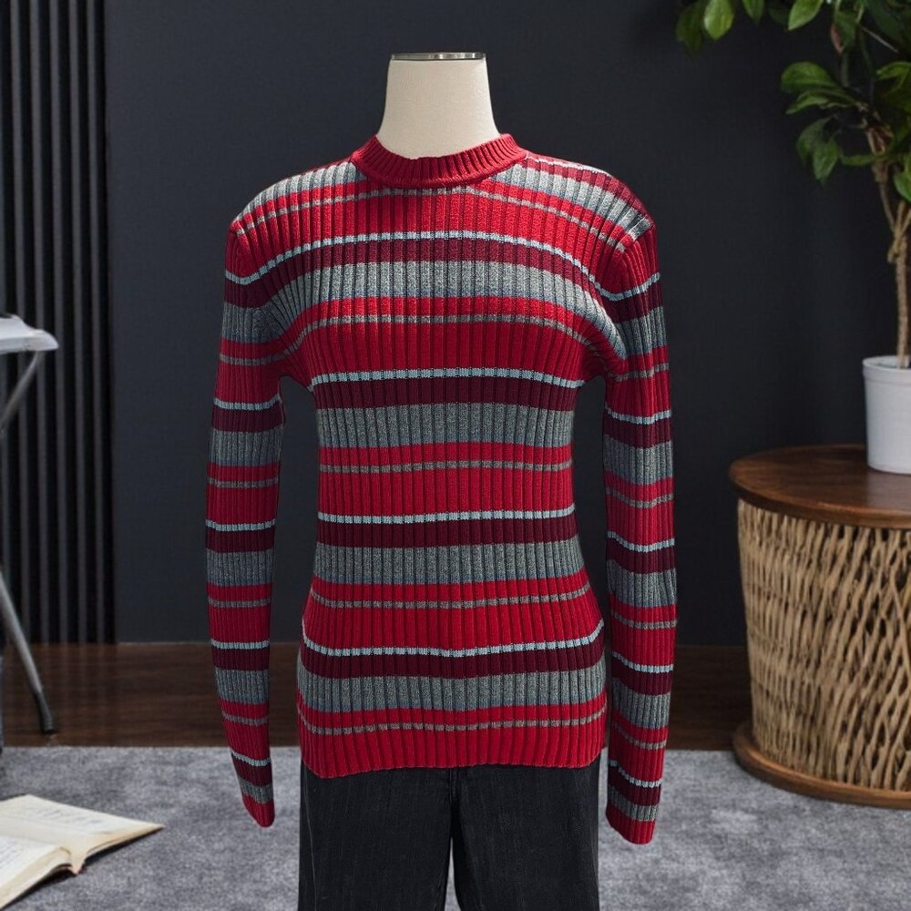 LOGG Striped Knit Sweater Womens Small Red Gray Ribbed Pullover Fall Winter Cozy